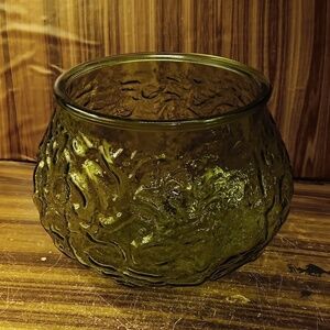 Vintage 60s EO Brody Co green crinkle glass bowl vase